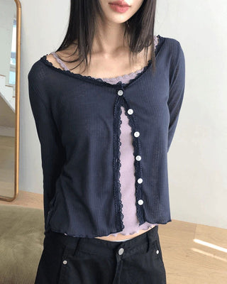 Phuang Lace Frill See-Through V- V-Neck Long-Sleeve Cardigan