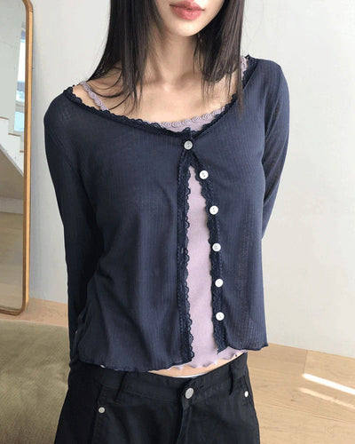 Phuang Lace Frill See-Through V- V-Neck Long-Sleeve Cardigan