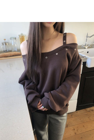 Duon Eyelet Strap Off-Shoulder Fleece-lined Sweatshirt