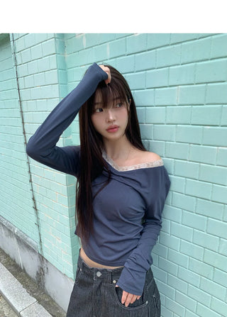 Hoobi Drape Shirring Lace Slim Fit Two-tone Long Sleeve T-shirt