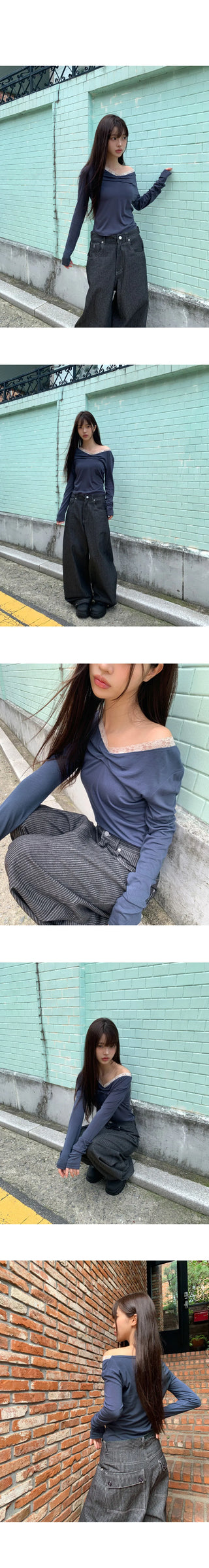 Hoobi Drape Shirring Lace Slim Fit Two-tone Long Sleeve T-shirt