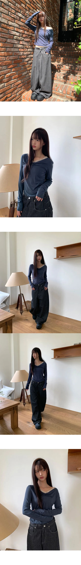 Hoobi Drape Shirring Lace Slim Fit Two-tone Long Sleeve T-shirt