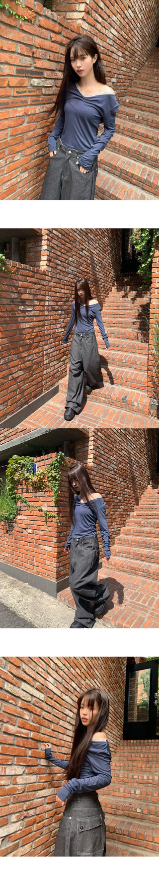 Hoobi Drape Shirring Lace Slim Fit Two-tone Long Sleeve T-shirt