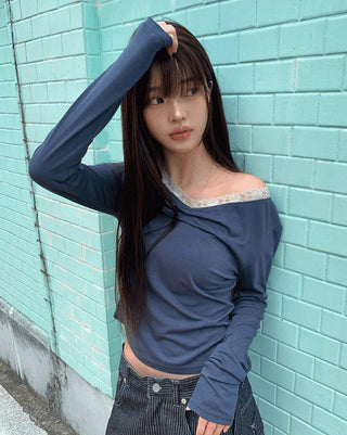 Hoobi Drape Shirring Lace Slim Fit Two-tone Long Sleeve T-shirt