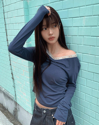 Hoobi Drape Shirring Lace Slim Fit Two-tone Long Sleeve T-shirt