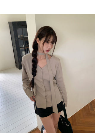 Ir bean button side strap V-Neck long sleeve blouse