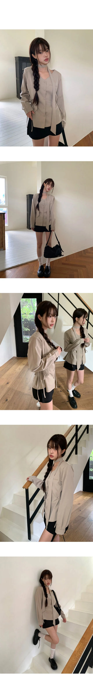 Ir bean button side strap V-Neck long sleeve blouse