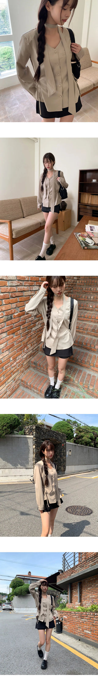 Ir bean button side strap V-Neck long sleeve blouse