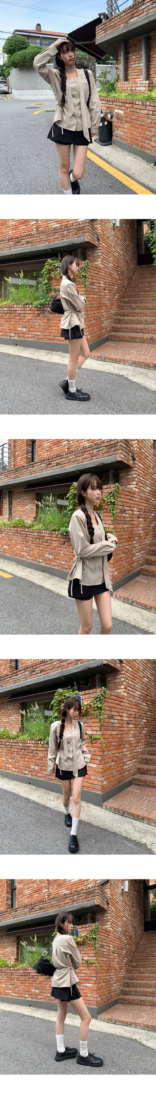 Ir bean button side strap V-Neck long sleeve blouse