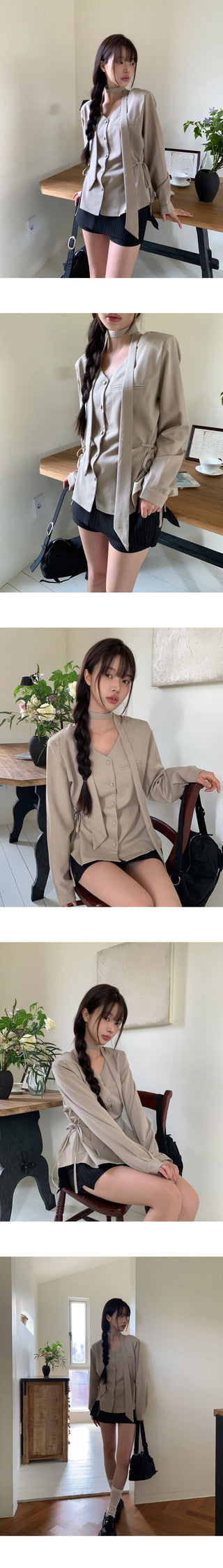 Ir bean button side strap V-Neck long sleeve blouse