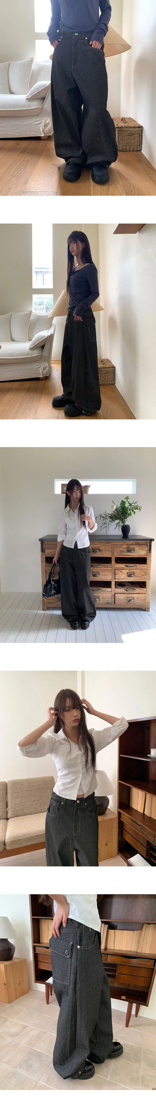Lemming Stripe Big Pocket Snap Button Denim Wide Long Pants