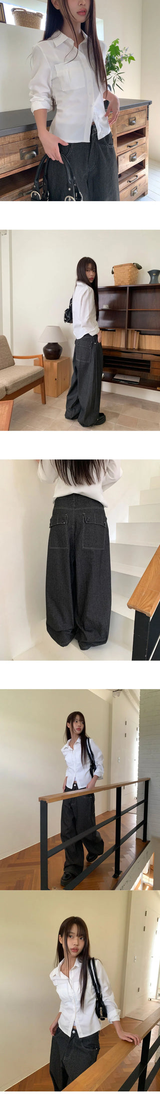 Lemming Stripe Big Pocket Snap Button Denim Wide Long Pants
