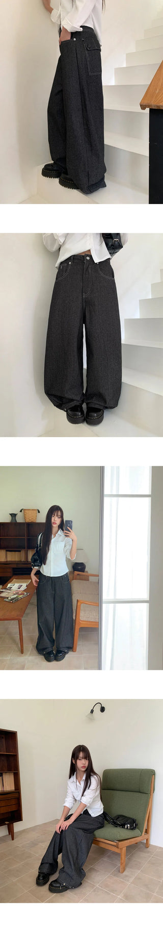 Lemming Stripe Big Pocket Snap Button Denim Wide Long Pants