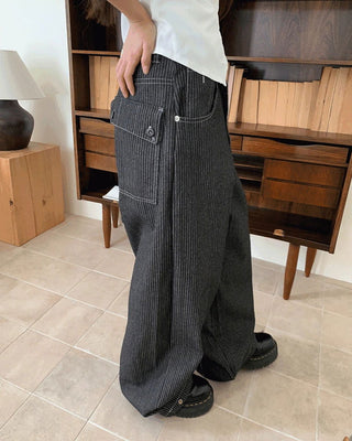 Lemming Stripe Big Pocket Snap Button Denim Wide Long Pants