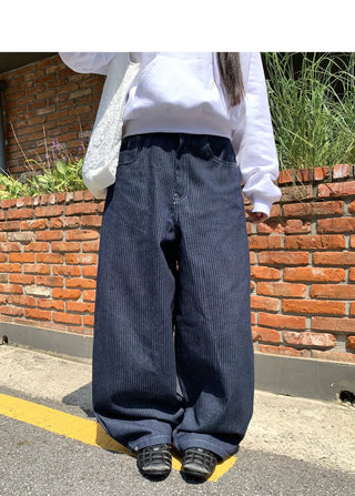 Lemming Stripe Big Pocket Snap Button Denim Wide Long Pants