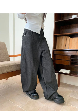 Lemming Stripe Big Pocket Snap Button Denim Wide Long Pants