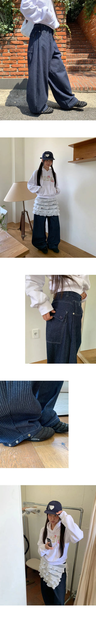 Lemming Stripe Big Pocket Snap Button Denim Wide Long Pants