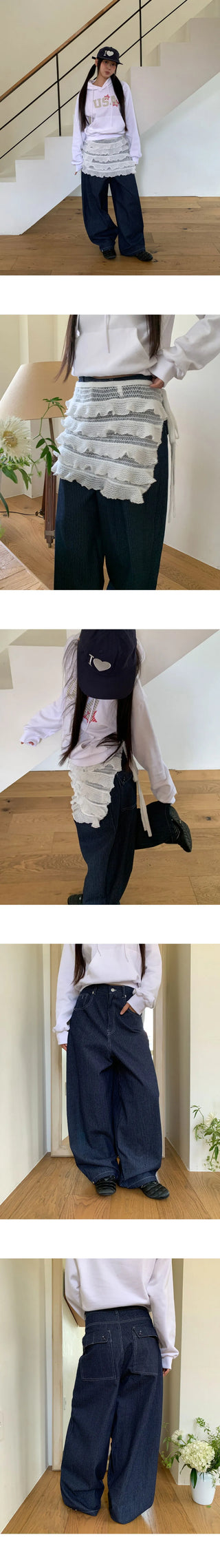Lemming Stripe Big Pocket Snap Button Denim Wide Long Pants