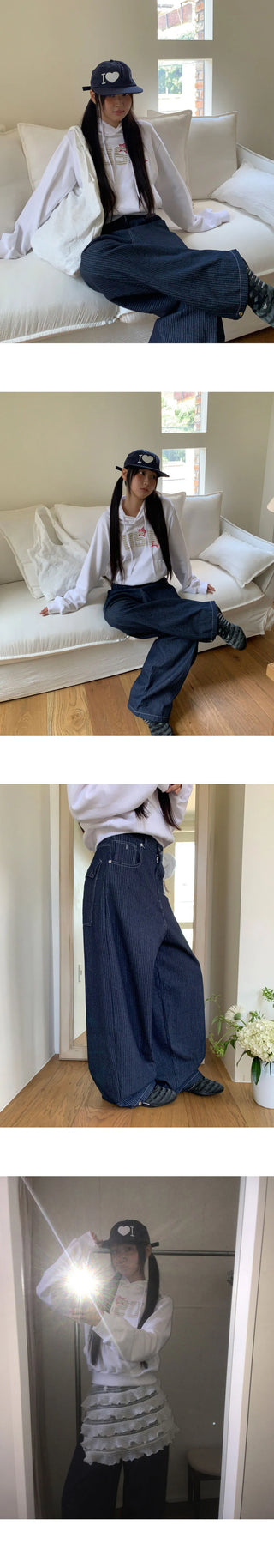 Lemming Stripe Big Pocket Snap Button Denim Wide Long Pants