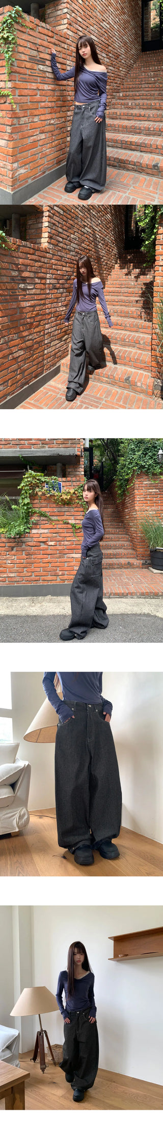 Lemming Stripe Big Pocket Snap Button Denim Wide Long Pants