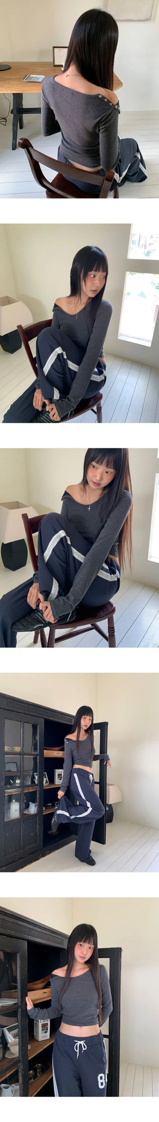 Fumo snap button Ribbed one-off shoulder long-sleeve t-shirt