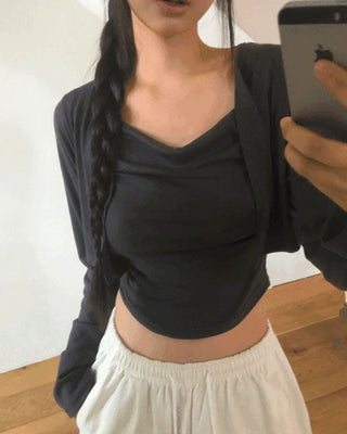 Permil Drape Shirring Crop Sleeveless Cardigan Set
