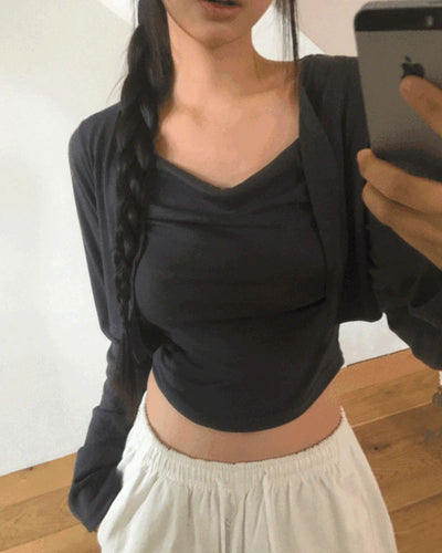 Permil Drape Shirring Crop Sleeveless Cardigan Set