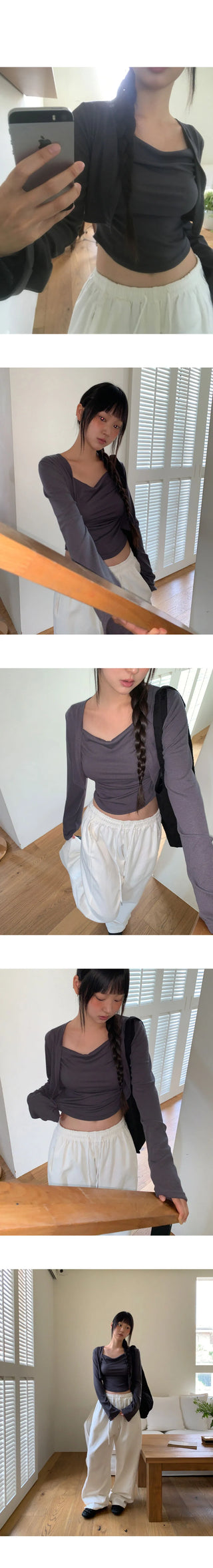 Permil Drape Shirring Crop Sleeveless Cardigan Set