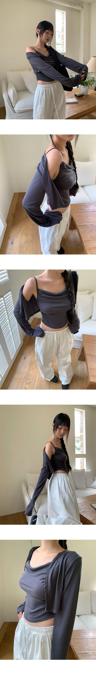 Permil Drape Shirring Crop Sleeveless Cardigan Set