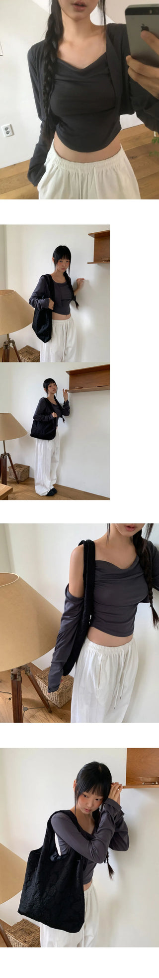 Permil Drape Shirring Crop Sleeveless Cardigan Set
