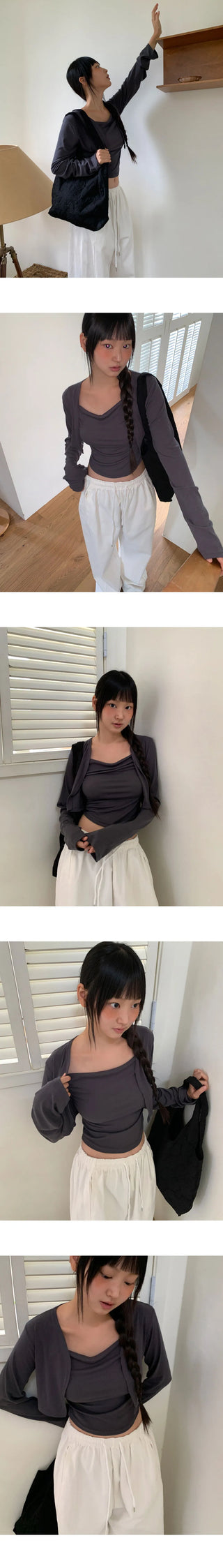 Permil Drape Shirring Crop Sleeveless Cardigan Set