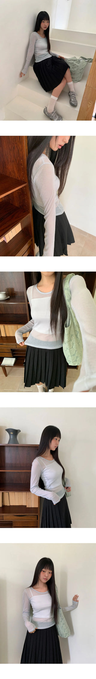 Lely See-Through Round Neck Long Sleeve T-Shirt