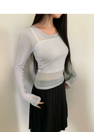 Lely See-Through Round Neck Long Sleeve T-Shirt