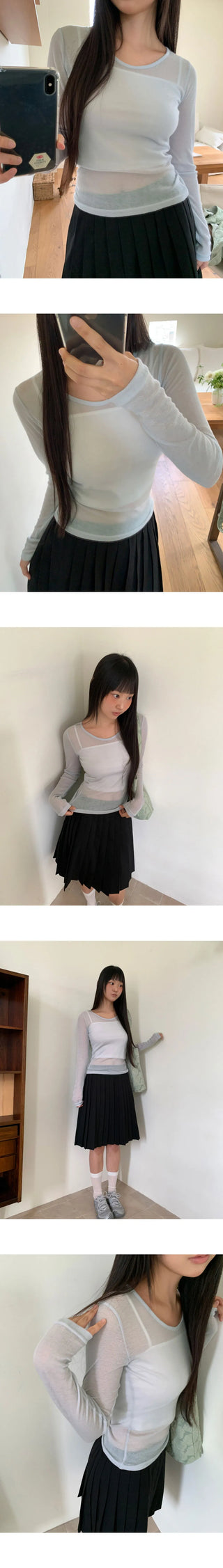 Lely See-Through Round Neck Long Sleeve T-Shirt