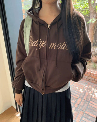 Earring Two-Way Lettering Pocket Long Sleeve Hooded Zip-Up