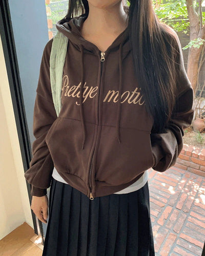 Earring Two-Way Lettering Pocket Long Sleeve Hooded Zip-Up