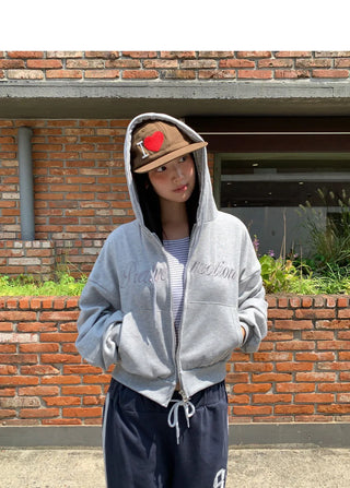 Earring Two-Way Lettering Pocket Long Sleeve Hooded Zip-Up