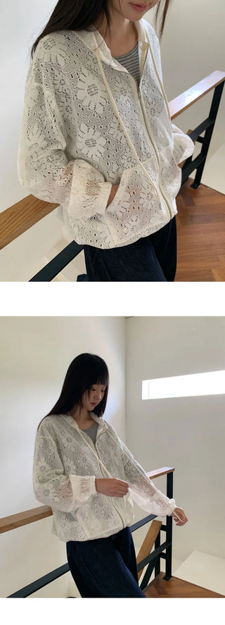 Deki Flower Punching Long Sleeve Hooded Zip-Up