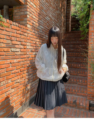 Deki Flower Punching Long Sleeve Hooded Zip-Up