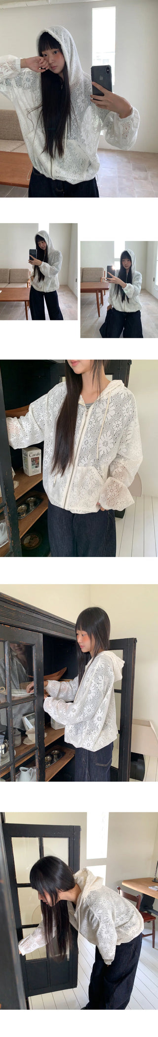 Deki Flower Punching Long Sleeve Hooded Zip-Up