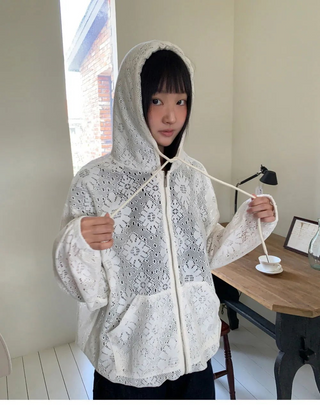 Deki Flower Punching Long Sleeve Hooded Zip-Up