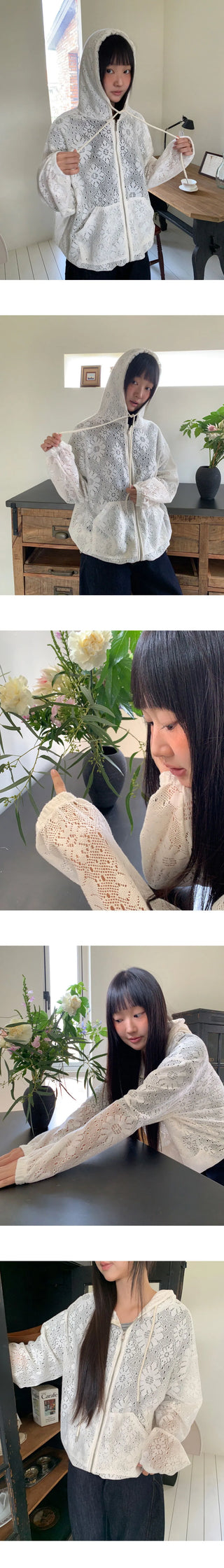 Deki Flower Punching Long Sleeve Hooded Zip-Up