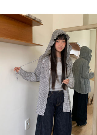 Juring Frill Check Hooded Long Sleeve Shirt