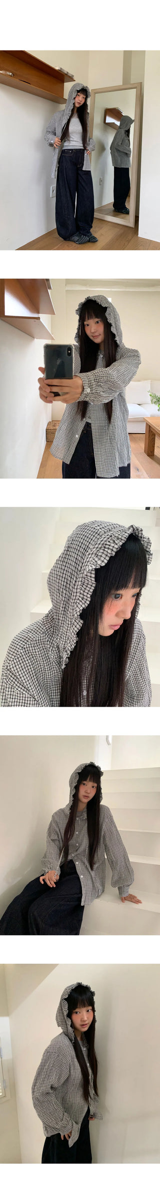 Juring Frill Check Hooded Long Sleeve Shirt