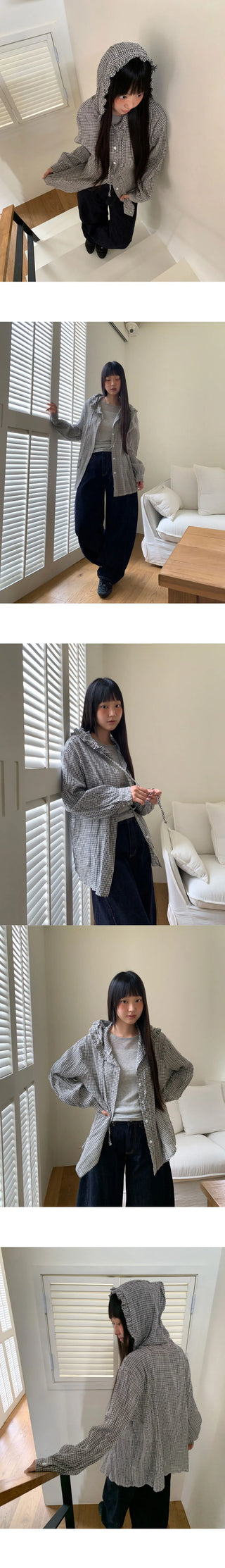 Juring Frill Check Hooded Long Sleeve Shirt