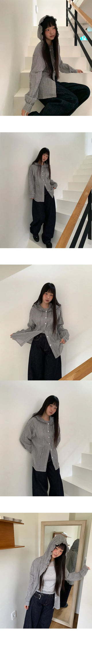Juring Frill Check Hooded Long Sleeve Shirt