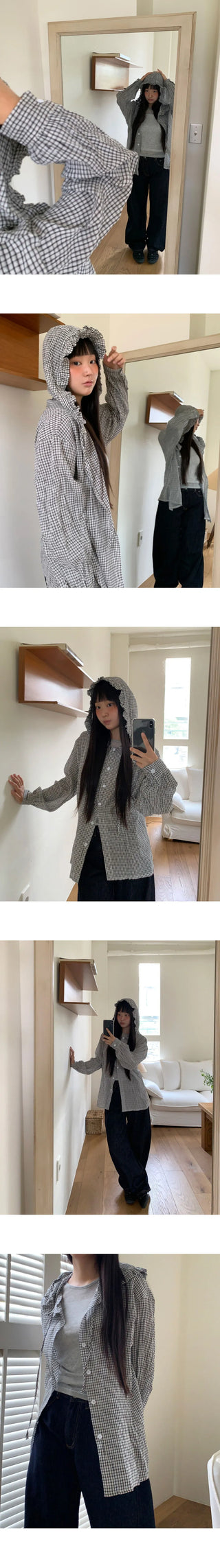 Juring Frill Check Hooded Long Sleeve Shirt