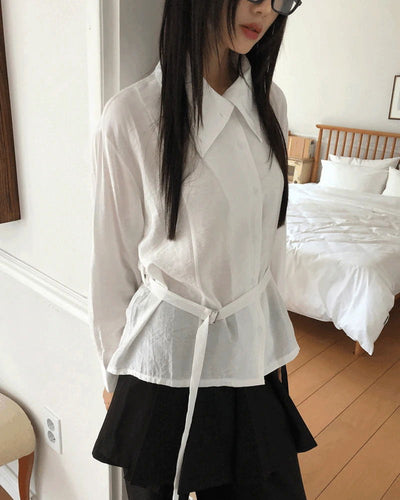 Mirun Belt High Neck Overfit Long Sleeve Shirt