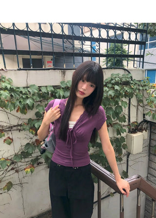 Dying V-Neck Ribbon See-through Short Sleeve T-Shirt