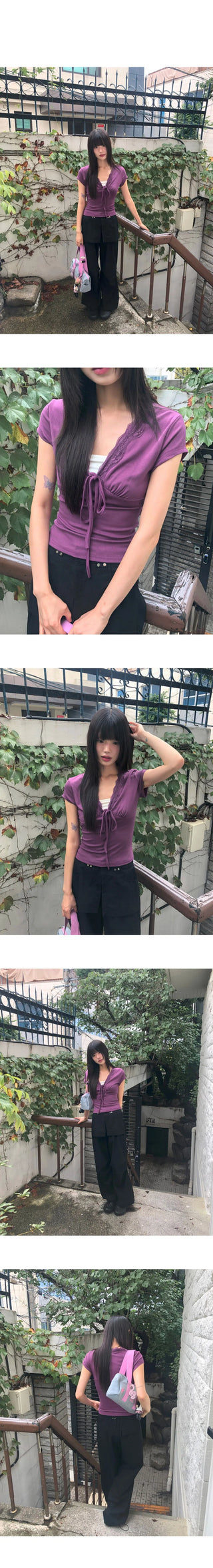 Dying V-Neck Ribbon See-through Short Sleeve T-Shirt